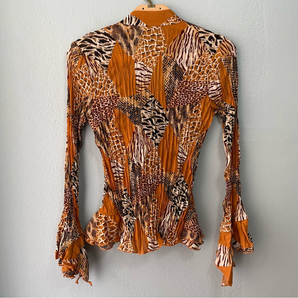 Kaelyn Max | 90s Orange Animal Print Frilly Ruffle Long-Sleeve Blouse - Picture 4 of 7